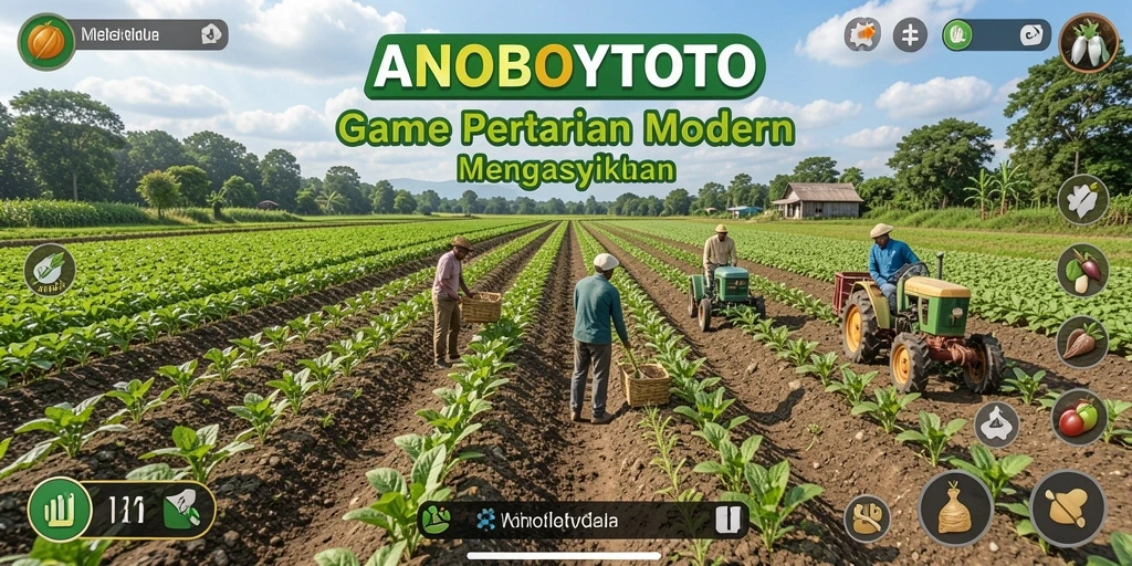 Tangkapan layar ANOBOYTOTO menampilkan ladang subur dan berbagai alat pertanian.
