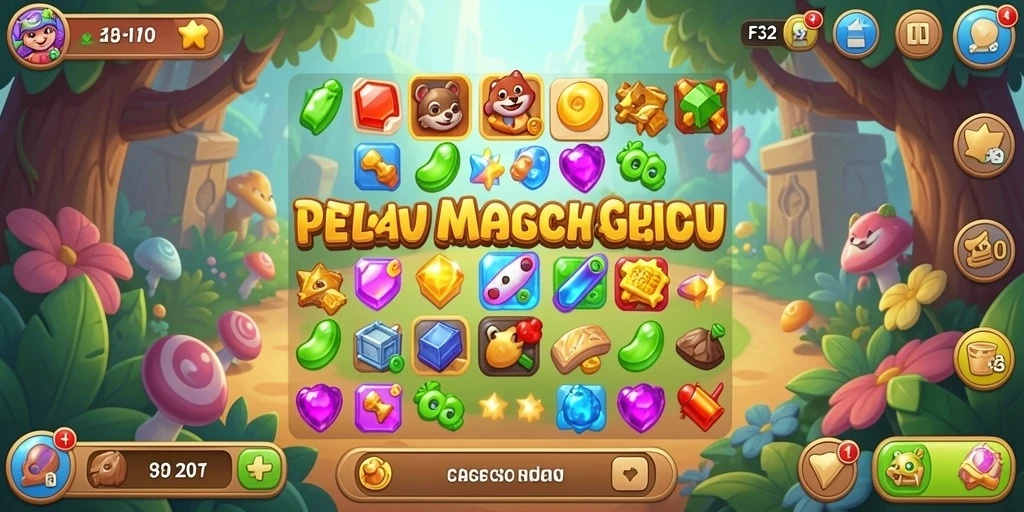 Tangkapan layar F32 menunjukkan gameplay Match-3 yang menarik dan menawan.