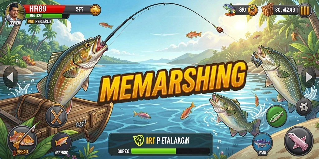 Tampilan gameplay HR89 yang memukau saat memancing di danau.