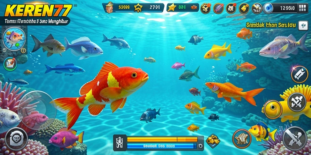 Screenshot menunjukkan pemain menembak ikan berwarna cerah di KEREN77.
