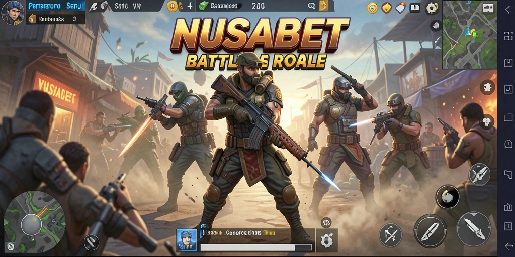 Screenshot utama NUSABET menampilkan aksi seru dalam pertarungan Battle Royale.