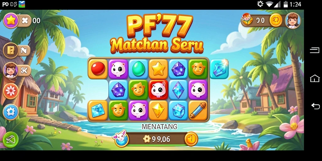 Tampilan gameplay PF777 yang penuh warna dengan kombinasi match-3.