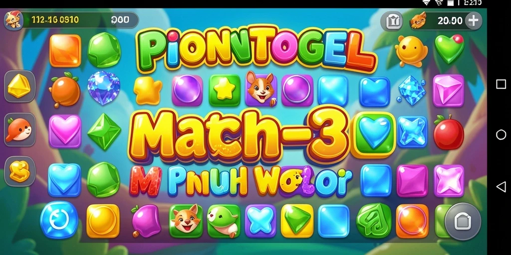 Screenshot PIONTOGEL menampilkan gameplay Match-3 yang penuh warna dan menyenangkan.