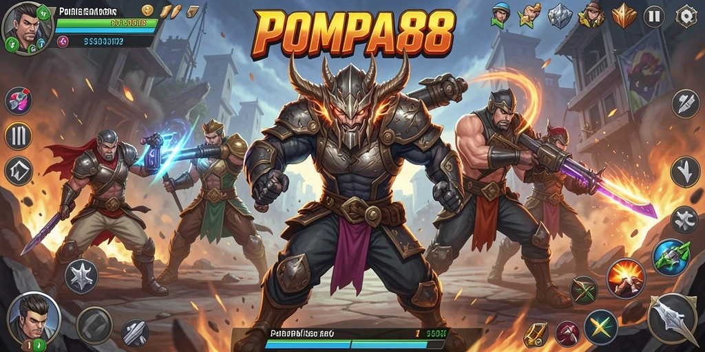 Tampilan gameplay seru dalam pertarungan karakter POMPA88.