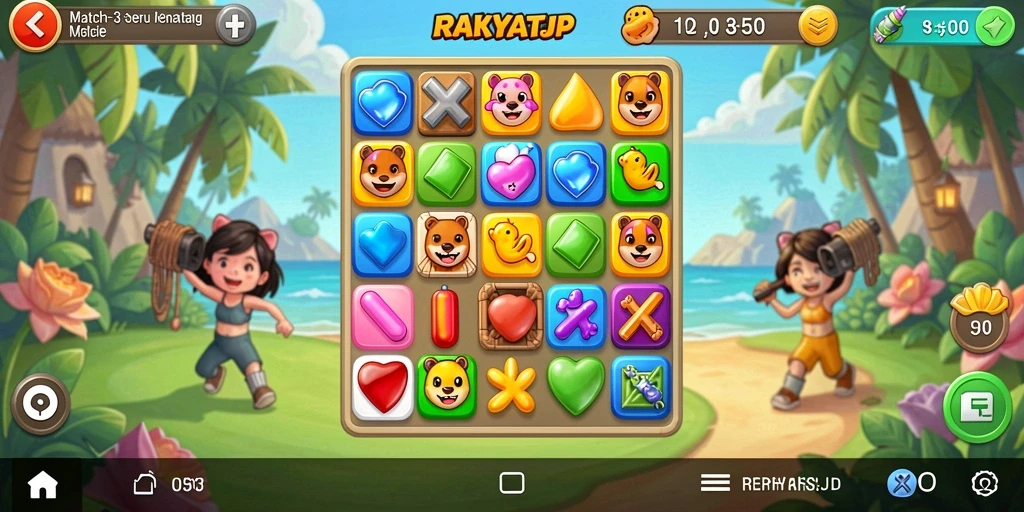 Screenshot RAKYATJP menampilkan gameplay Match-3 yang seru.
