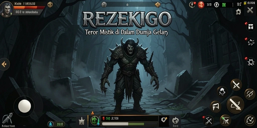 Screenshot gameplay REZEKIGO menampilkan suasana mencekam dan karakter menyeramkan.