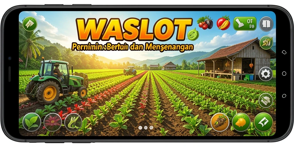 Tangkapan layar gameplay WASLOT menampilkan ladang yang subur dan hewan peliharaan yang bahagia.